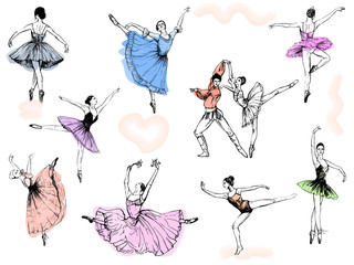 Big set of hand drawn sketch style abstract ballet dancers isolated on white background. Vector illustration. - 242912647