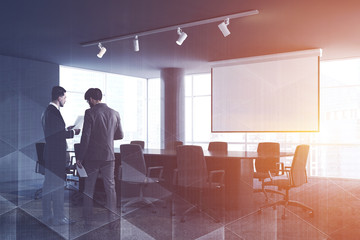 Gray office meeting room interior, people