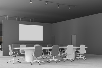 Gray meeting room corner with poster