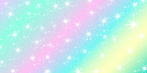 Unicorn rainbow background. Holographic sky in pastel color. Bright mermaid pattern in princess colors. Vector illustration. Fantasy gradient colorful backdrop with rainbow mesh.