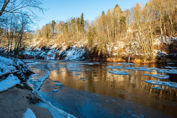 sandstone cliffs on the shore of river Gauja in Latvia