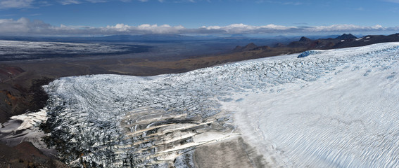 Panorama of the glassier slope of Kverkfjoll massif in Vatnajokull National Park of Iceland