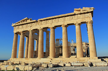 Obraz premium The Parthenon on the Acropolis in Athens, Greece with a beautiful blue sky copy space and no people.