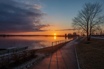 beautiful. red sunset over the sea, lake with clear sky