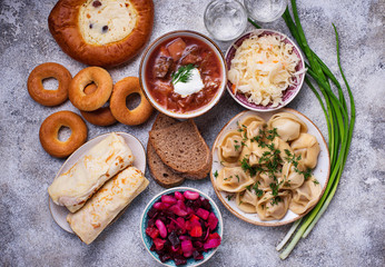 Traditional Russian dishes, sweets and vodka