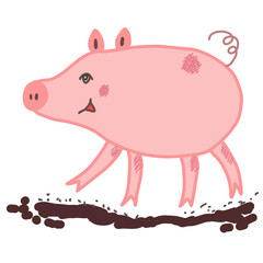 Pink piggy walking on a brown mud puddle. Cute funny cartoon character for kids design, interior decor, posters, prints, t shirt, stickers. Farm animals, pets, nature.Naughty lovely smiling chubby pig