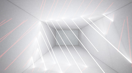 Corridor, tunnel, white neon, light lines. 3D Rendering