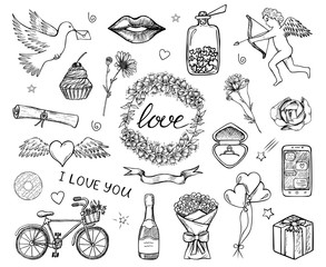 Set of hand drawn sketched icons of love, Saint Valentine's Day, wedding etc. Romantic doodle design elements for greeting cards, banners. Black and white illustration
