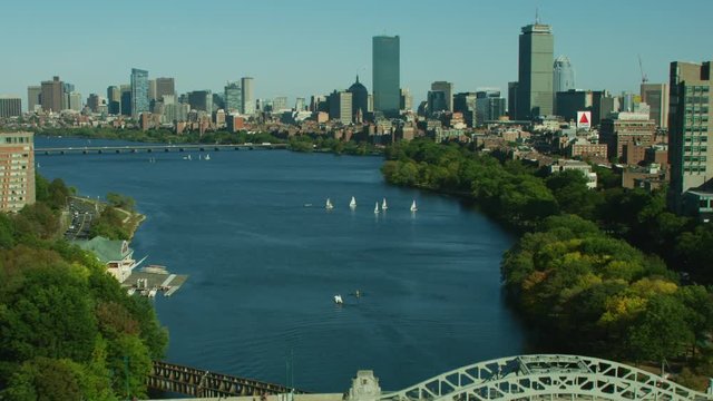 Aerial view Boston Harvard University buildings Charles river 