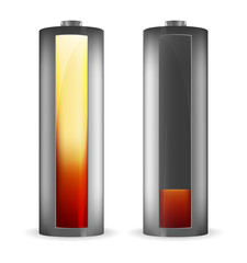 Two grey batteries with red-yellow indicator of full charge and low charge
