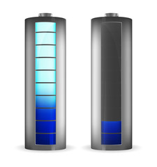 Two grey batteries with rectangle blue indicator of full charge and low charge