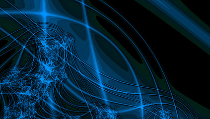 earth and universe concept, neon lines and blue and teal fractals on black background