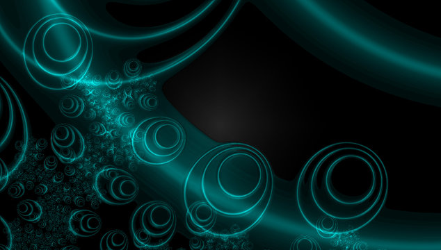 elegant teal and turquoise neon circles fractals on dark background for invitation card or banner