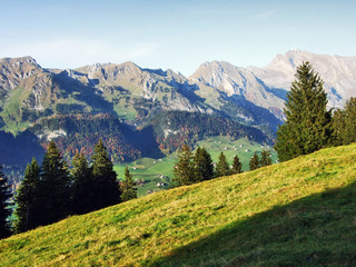 Autumn pastures and hills on the plateau beneath the mountain ranges Churfirsten - Canton of St....