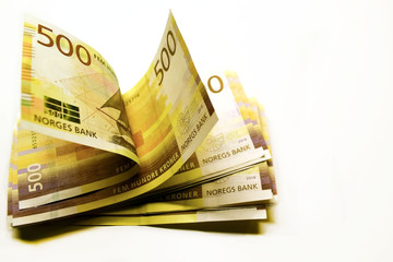 Banknotes in 500 NOK. Money on white isolated background.