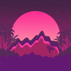 illustration landscape with palm trees moon
