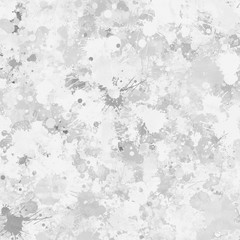 Gray paint splatter effect texture on white paper background. Artistic backdrop. Different paint drops.