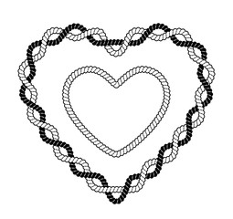 Heart shaped rope frames. Black and white vector illustration