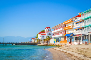 Beautiful Paralia Katerini beach and church, Greece