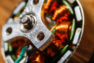 Small brushless electric motor for drone. Extreme macro photography.