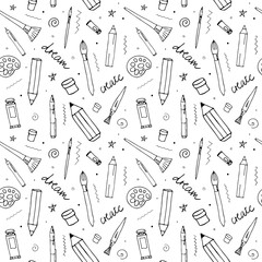 Vector seamless pattern with different drawing tools,  in black color on a white background, great for printing or textile design.Hand drawn,sketch