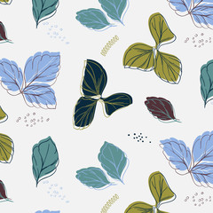 Vector tropical blue green palm leaves with grunge decoration. Exotic violet green paint traces on background. Tropical leaves dynamic pattern. 
