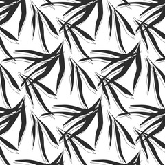 Vector tropical dark palm  leaves with grunge decoration. Exotic paint traces on white background. Banana leaves dynamic black white pattern.