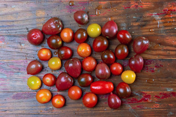 Fresh washed heirloom cherry tomatoes on wood background