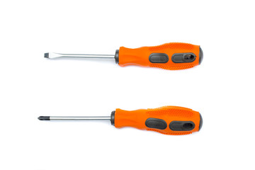 Black and orange screwdriver isolated on white background. Screwdriver for repairing and tightening screws