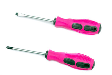Black and pink screwdriver isolated on white background. Screw screwdriver for repairing and tightening screws