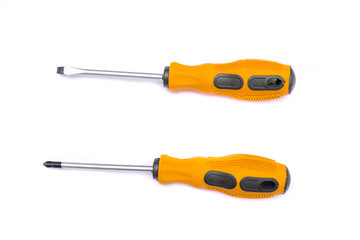 Black and orange screwdriver isolated on white background. Screwdriver for repairing and tightening screws