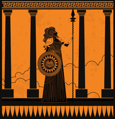 greek orange and black amphora drawing of athena - obrazy, fototapety, plakaty