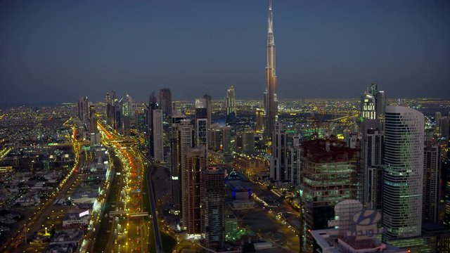 Aerial illuminated night view Sheikh Zayed road Dubai 