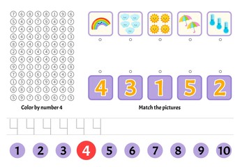 Kids learning material. Worksheet for learning numbers. Number 4. Cartoon illustration of weather.