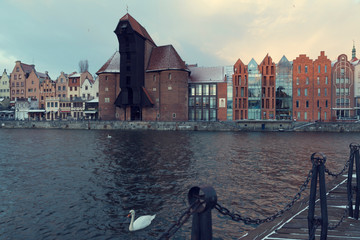 3 JAN 2019 Gdansk, Poland National maritime museum and the Crane in old town in the morning
