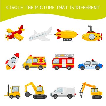 Educational  game for children. Find the different pictures. Kids activity with cartoon transport..