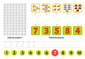 Kids learning material. Worksheet for learning numbers. Number 7. Cartoon illustration of toys.