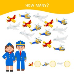 Counting educational children game, math kids activity sheet. How many objects task. Cartoon profession.