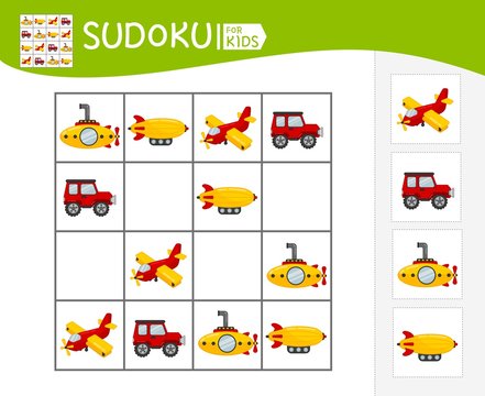 Sudoku game for children with pictures. Kids activity sheet.  Cartoon transport.