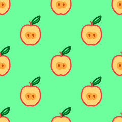 Apple seamless pattern. Autumn, summer vintage design icon. Vector fruit illustration. Green background. Hand drawn cute apples with cut sliced core for textile, manufacturing, fabrics and decor