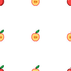 Apple seamless pattern. Autumn, summer vintage design icon. Vector fruit illustration. Green background. Hand drawn cute apples with cut sliced core for textile, manufacturing, fabrics and decor