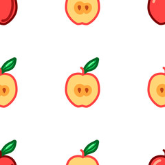 Apple seamless pattern. Autumn, summer vintage design icon. Vector fruit illustration. Green background. Hand drawn cute apples with cut sliced core for textile, manufacturing, fabrics and decor