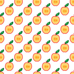 Apple seamless pattern. Autumn, summer vintage design icon. Vector fruit illustration. Green background. Hand drawn cute apples with cut sliced core for textile, manufacturing, fabrics and decor
