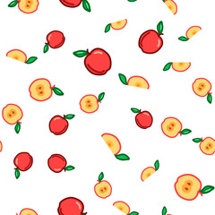 Apple seamless pattern. Autumn, summer vintage design icon. Vector fruit illustration. Green background. Hand drawn cute apples with cut sliced core for textile, manufacturing, fabrics and decor