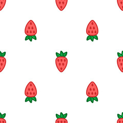Strawberry pink, red, green seamless pattern. Autumn, summer, spring vintage design icon. Vector fruit illustration. Hand drawn cute with cut sliced core for textile, manufacturing, fabrics and decor