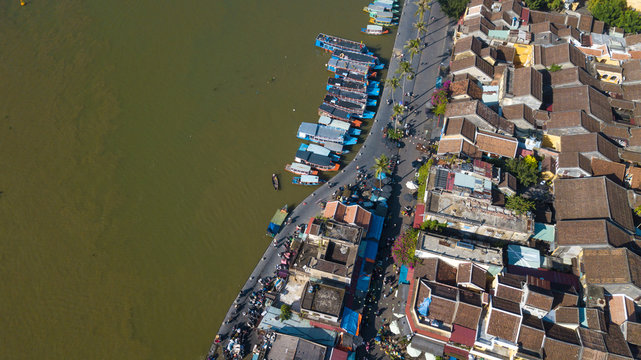 Aerial view panorama of Hoi An old town or Hoian ancient town. Royalty high-quality free stock photo image top view rooftop of street walking in Hoi An city. HoiAn city is UNESCO world heritage site
