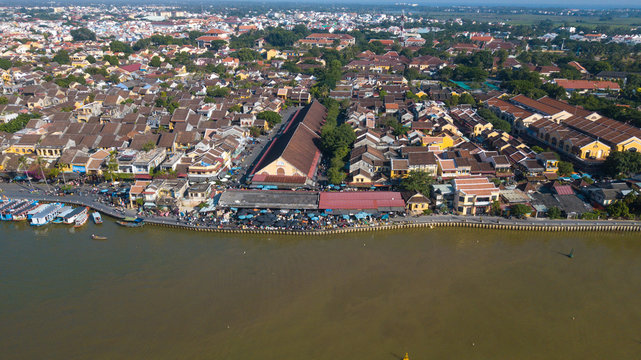 Panorama of Hoian market. Aerial view of Hoi An old town or Hoian ancient town. Royalty high-quality free stock photo image top view of Hoai river and boat traffic in HoiAn market. Hoian city, Vietnam