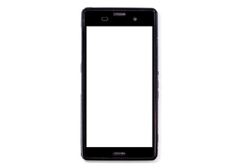 Black smartphone on white background, isolated. Mockup. White display.