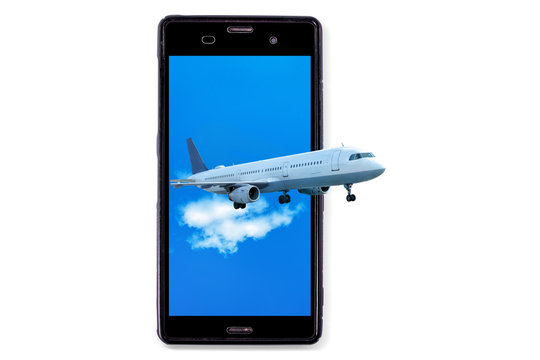 Black smartphone with picture of jet getting out of display on white background, isolated. Cell phone.