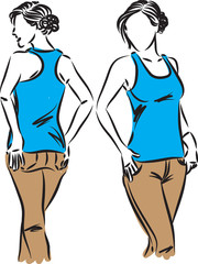 woman modeling clothes front and back vector illustration